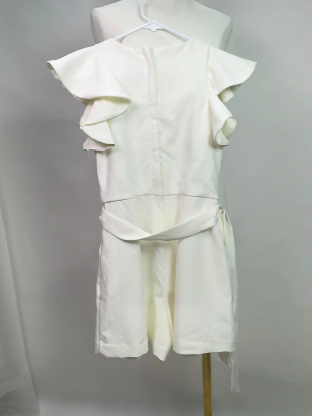 GB girls Cream White Ruffle Sleeve Shorts Romper | Pockets Waist Tie Bow Formal